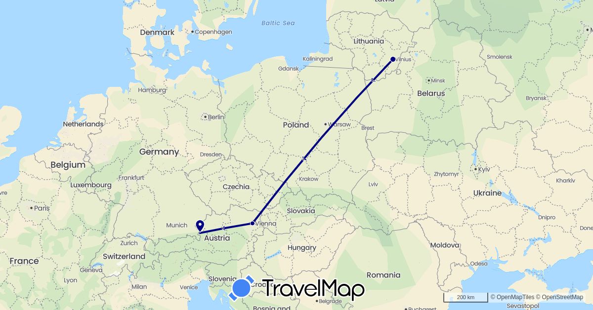 TravelMap itinerary: driving in Austria, Lithuania (Europe)